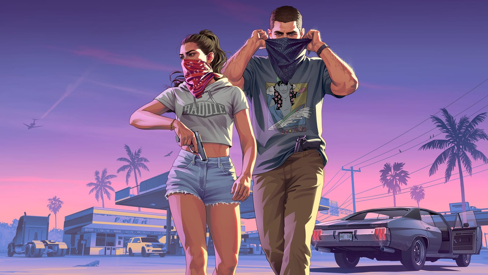 Offizielles Artwork zu GTA 6: Jason und Lucia mit Bandanas vor einer Tankstelle in Leonida